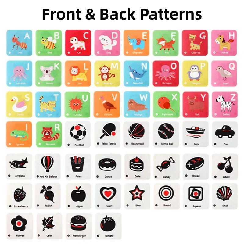 Karty edukacyjne dla niemowląt do nauki rozpoznawania liter, książeczka edukacyjna dla dzieci w wieku 0-1 roku, zabawka edukacyjna dla dzieci, karty materiałowe.