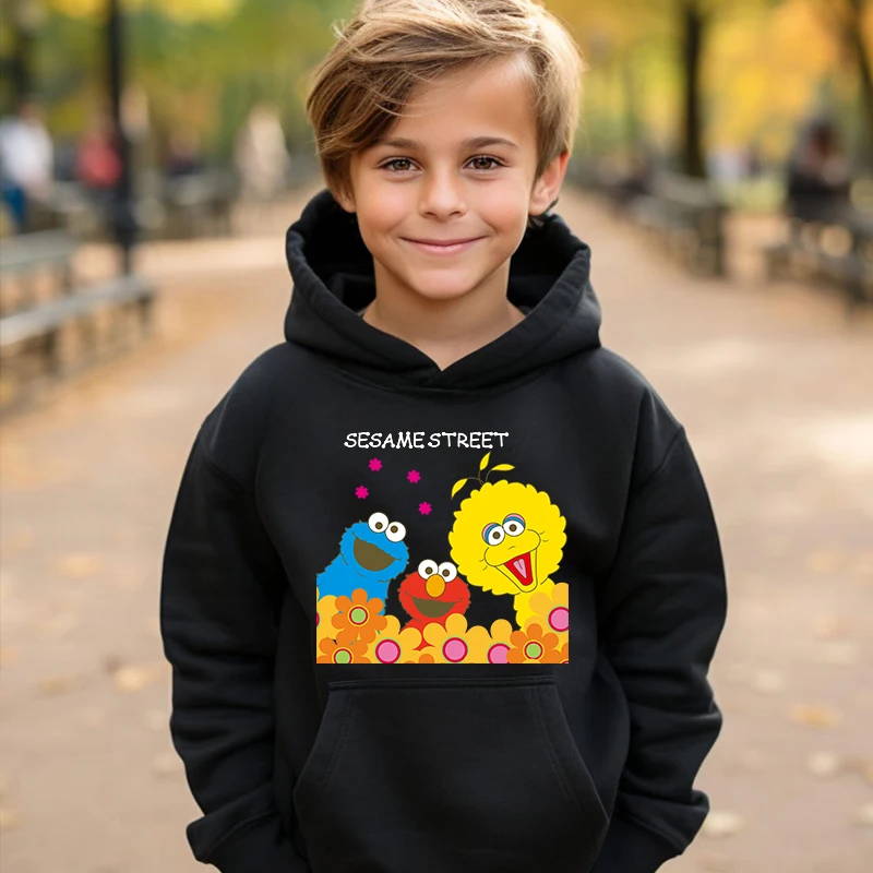 Sesame Street kids hoodie autumn and winter plus fleece sweatshirt black sports top for boys