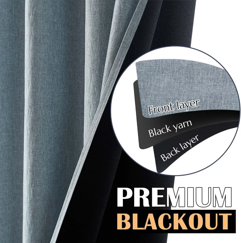 jinchan 100% Blackout Curtain 96 Inch Length, Faux Linen Curtain for Living Room, Thermal Insulated Room Darkening Grommet Top