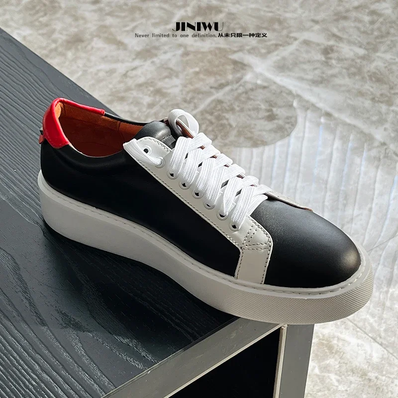 

2024 Spring and Autumn New Men's Casual Shoes Genuine Leather Thick Sole Lace Up Board Shoes Closing Method