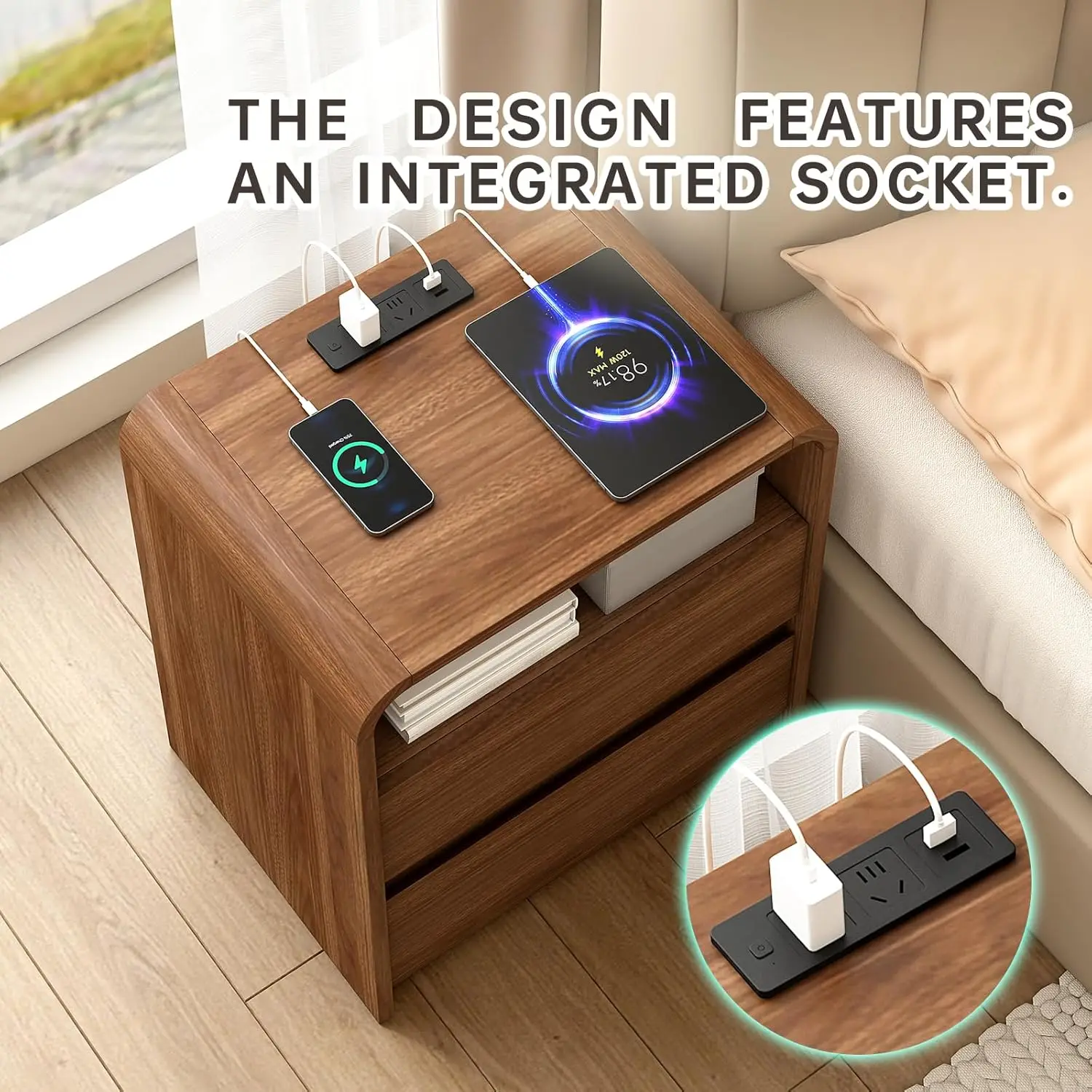 Modern Nightstand 23.6' Wide with Charging Station, Mid-Century Design, Anti-Collision Curve, Ideal for Dorm, Sofa, Office