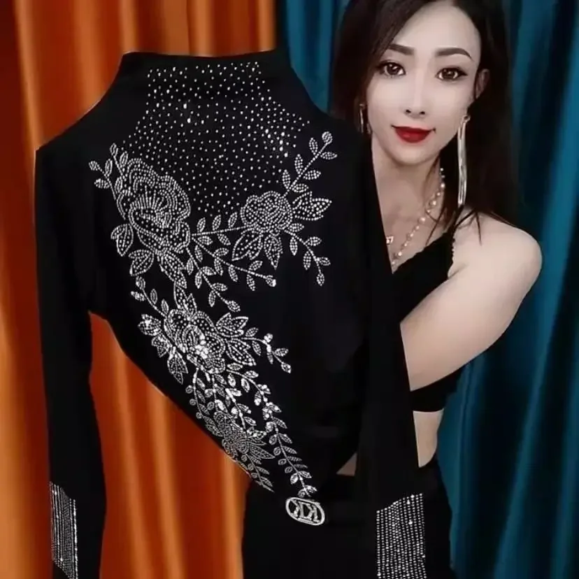 

Autumn/Winter New Fashionable Half-Polo/Turtle Neck Solid Color Diamond-Embellished Base Layer Top Plus Size Belly-Covering Age-