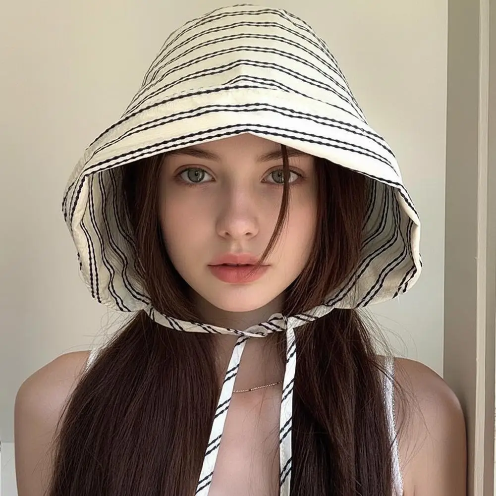 Outdoor Panama Beach Sun Cap Ponytail Sun Hat Fisherman Hat Bucket Hats With String For Women Summer Striped Strap Bucket Hat