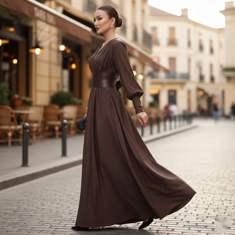 

Autumn Winter Women's Long Sleeve V-neck Dress With Belt Elegant Vintage Style High Waist Loose Fit For Casual Or Evening Wear