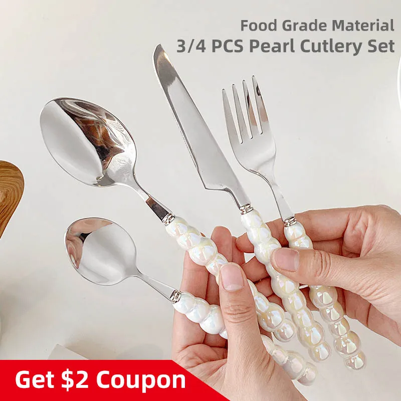 3/4PCS Pearl Tableware Set European Stainless Steel Creative Family Restaurant Birthday Party Gift Tableware Knife Fork Spoon