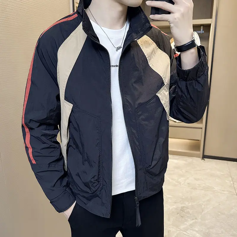 Korean Trend Versatile Men Autumn Jackets Stand Collar Contrast Color Patchwork Zipper Streetwear Fashion Long Sleeve Coats Tops