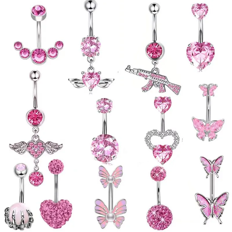Pink Heart Shaped Navel Ring Ornament Water Drop 14G Belly Button Piercing Barbell Pendant Belly Nombril Piercing Women Jewelry