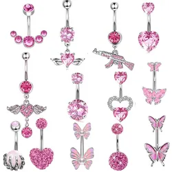 Pink Heart Shaped Navel Ring Ornament Water Drop 14G Belly Button Piercing Barbell Pendant Belly Nombril Piercing Women Jewelry