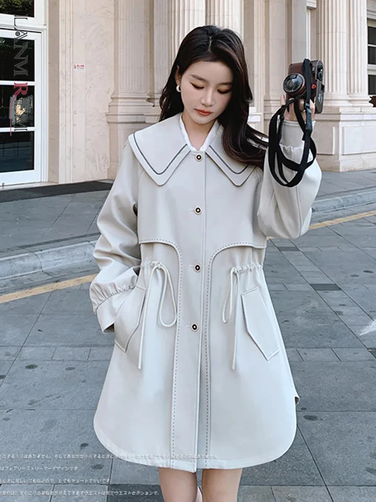 

LANMREM French Style Mid Length Trench Women's Lapel Single Breatsed Drawstring Gathered Waist Coat 2024 Autumn New 2Z2418