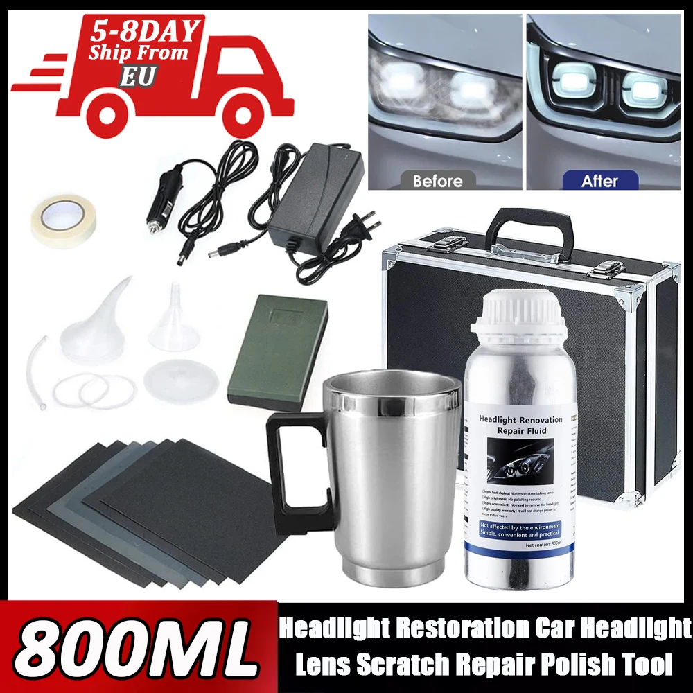 Kit de restauración de faros de coche, Kit de pulido químico de faros de coche, líquido de reparación de polímero, eliminador de arañazos, 800ML