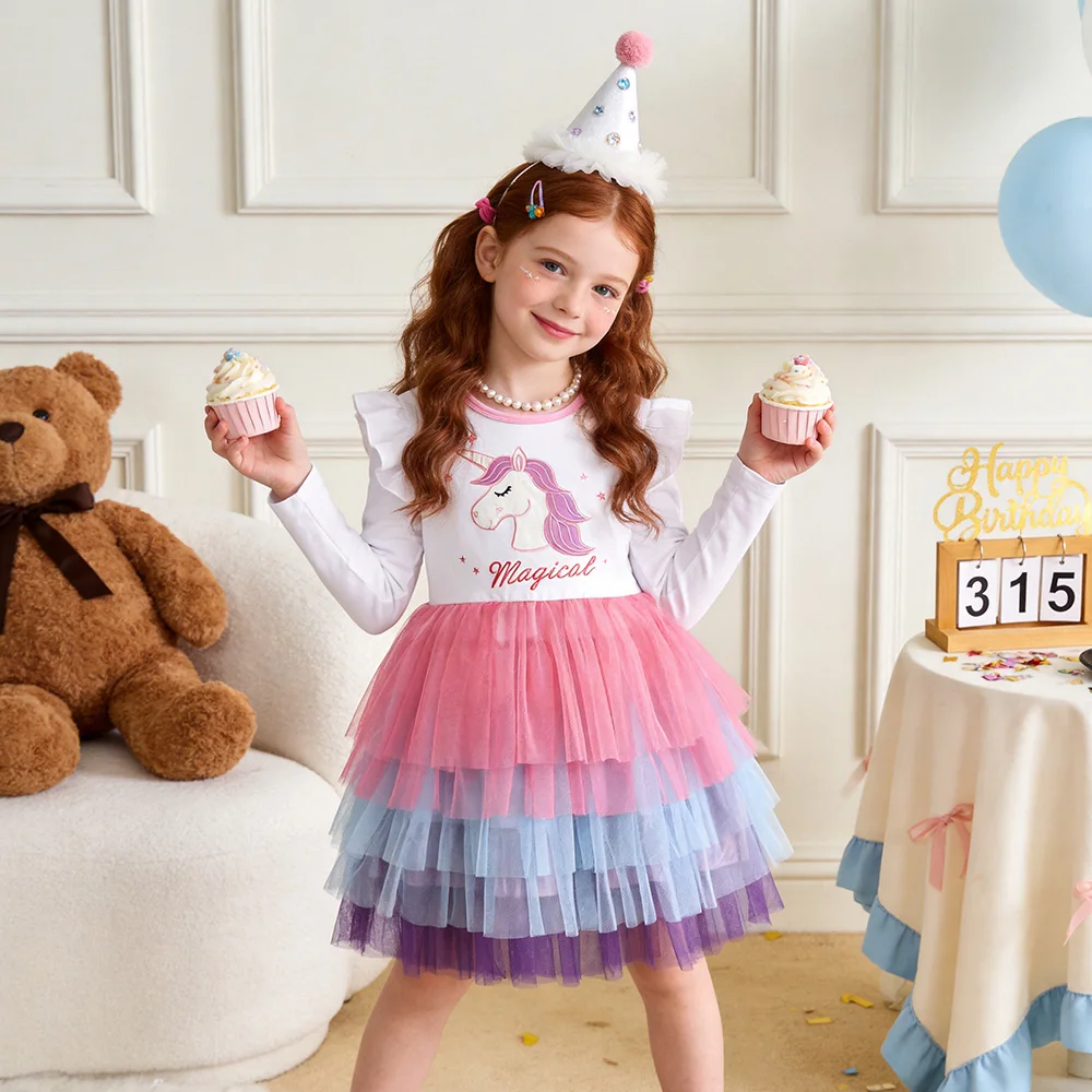 Mädchenkleid mit Einhorn-Stickerei, Langarm, Kinderkleid mit Farbverlauf, Ombre-Tüll-Tutu, Prinzessinnen-Partykleid für Körpergröße 116-128 cm – Detail 3