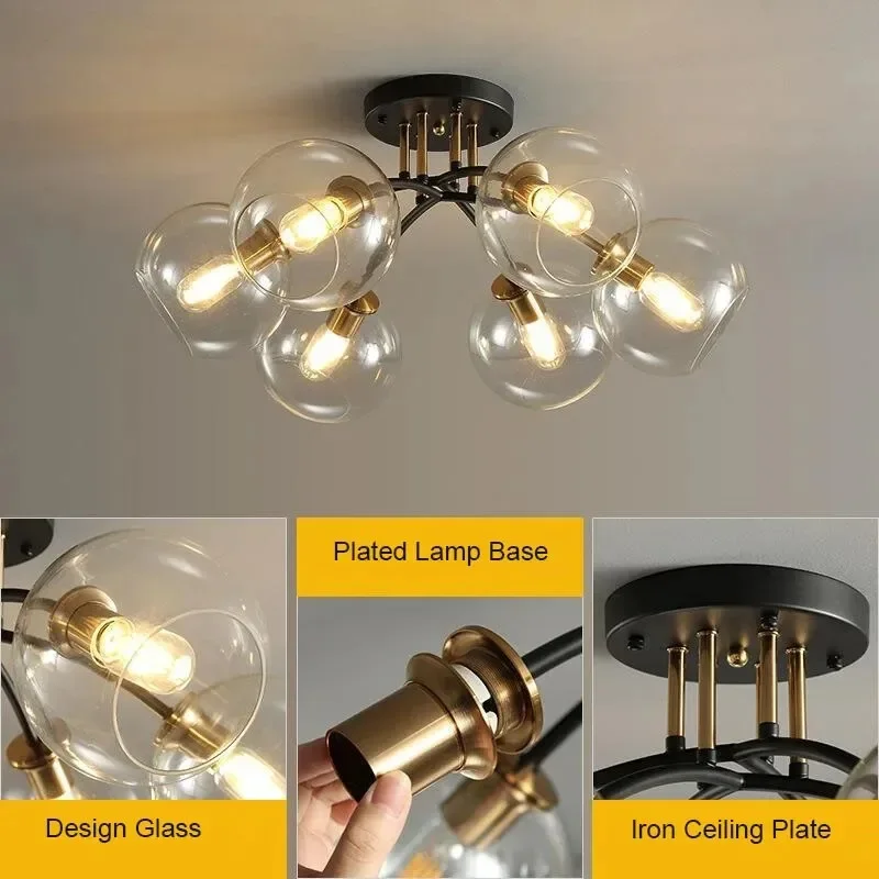 Industrial Vintage Ceiling Light Transparent Smoke Grey Glass Lamp Design Black and Gold Lamp Bedroom Dining Room Decor Light