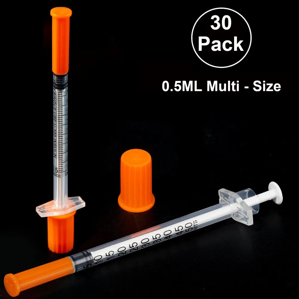 30Pcs/Box Multi-Size 0.5ml Safety Insulin Syringe with Needle, Sterile Individually Wrapped for Pets Farm Animal Veterinary Use