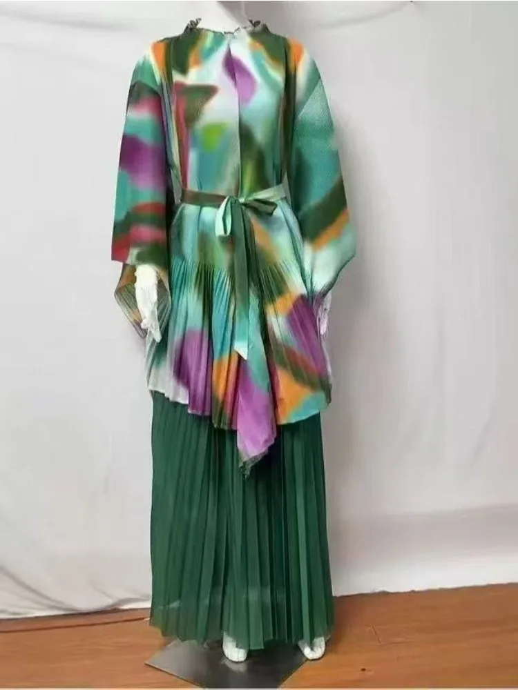 2025 مياكي مطوي طباعة جديدة غير النظامية قطعتين مجموعة حزام فضفاض المرأة تنورة مجموعة الخريف جديد