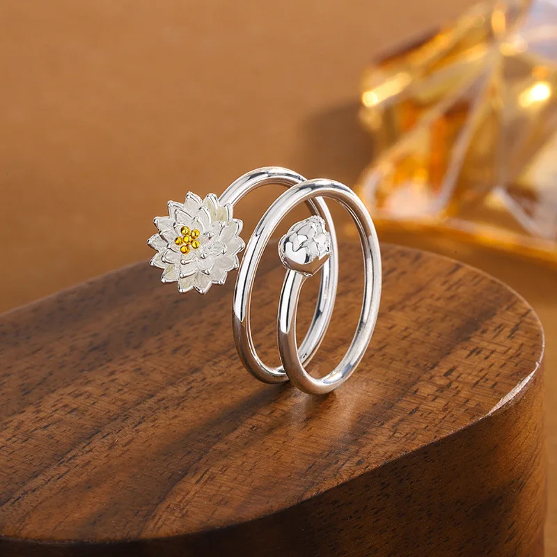 

Новые модные ювелирные изделия из стерлингового серебра 925 пробы, индивидуальные двойные лотоса, креативные гипоаллергенные открывающиеся кольца со свежим цветком R398