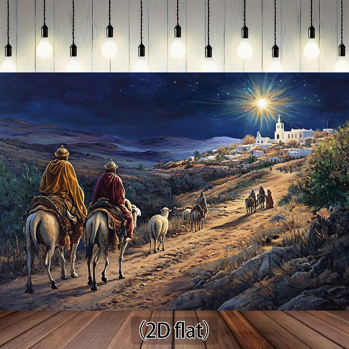 1 Stück Krippen-Hintergrundstoff, Sternenhimmel und Dorf – Festival-Banner aus Polyester, geeignet für Weihnachtsdekoration