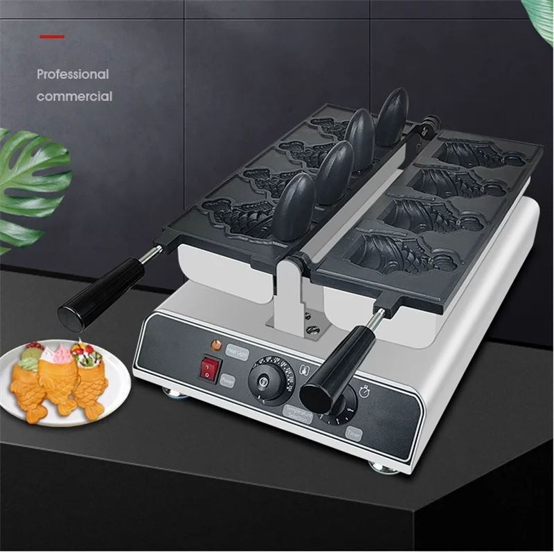 Commercial Electric 4 pcs Open Mouth Fish Shape Taiyaki Maker Ice cream Cone Taiyaki Machine Waffle Cone Bakery Waffle Machine