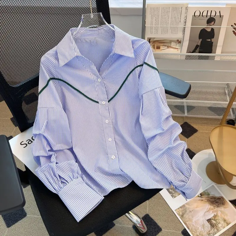 

Летняя мода 2026: Новая женская элегантная рубашка с отложным воротником, универсальная, с длинным рукавом, в полоску, для создания стильного образа