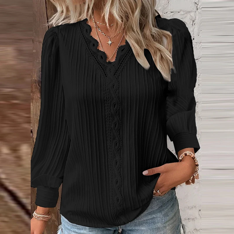 Elegant Women Blouse Shirt V Neck Lace Patchwork Long Sleeve White Shirts For Women Autumn Casual Pullover Tops