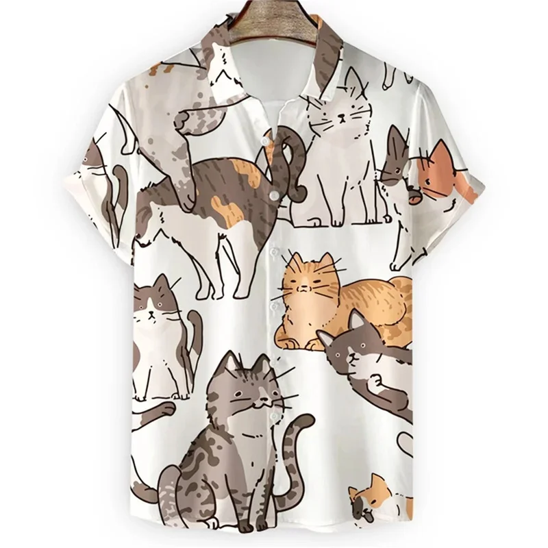 Camisas hawaianas con patrón de gato de dibujos animados para hombre, Blusa de manga corta con estampado 3D de animales, moda de verano