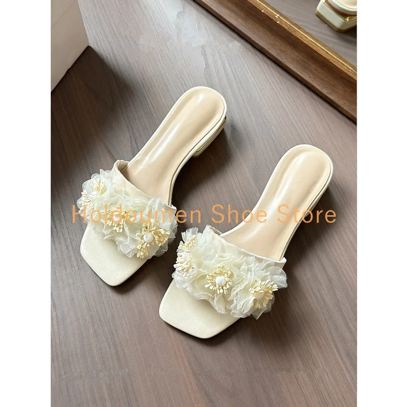 رائعة العديد من الأنماط زهرة ديكور النعال الأنيقة الصيف اللمحة تو كعب مربع مسطح شبشب على الموضة منتجع نمط النعال غير رسمي #4