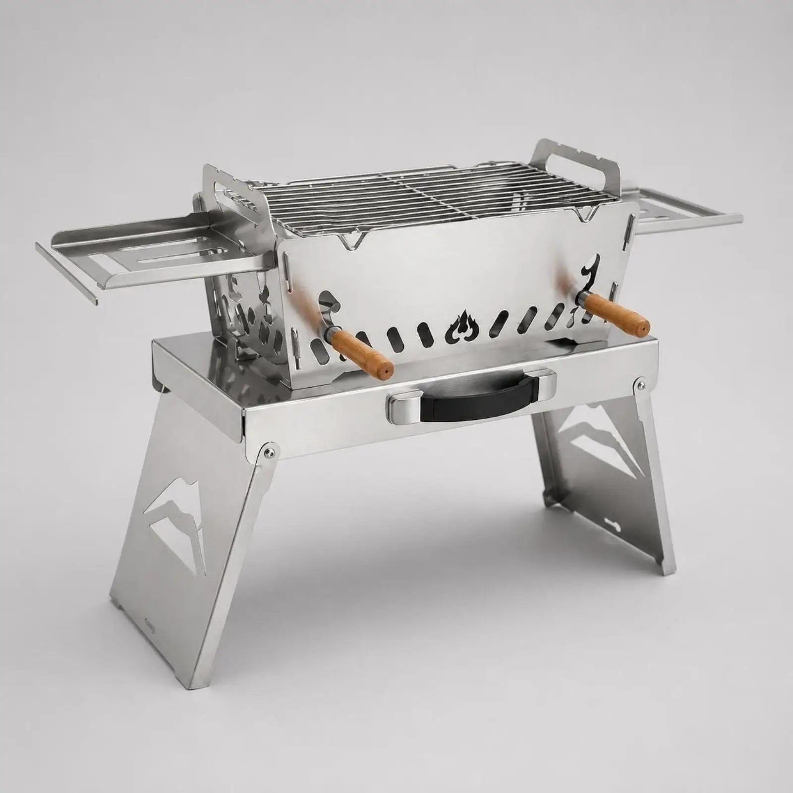 Stainless Steel Portable Barbecue Grill Folding Charcoal BBQ Outdoor with Side Trays and Wood Handle for Camping Travel Use