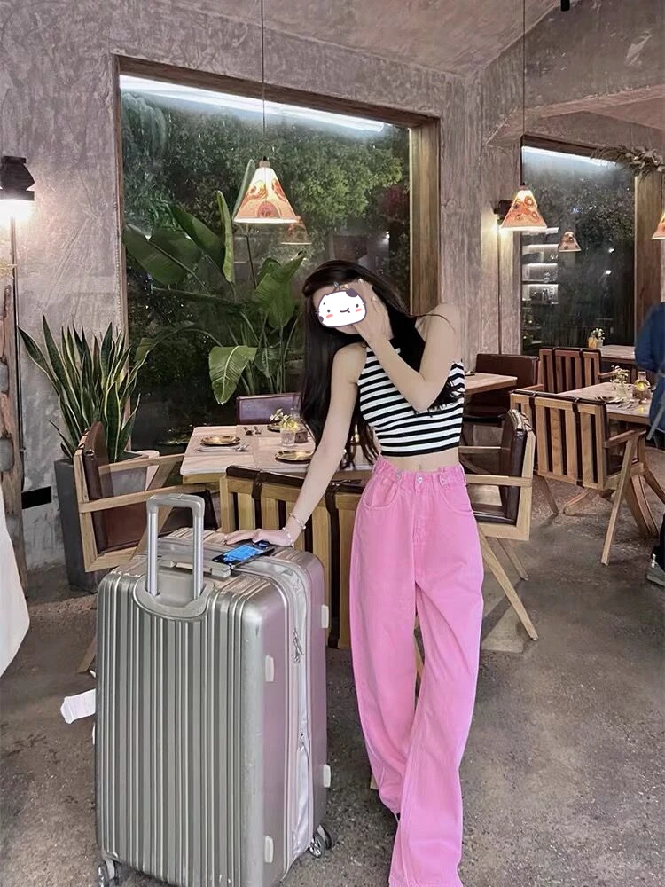 

Elegant High Waist Pink Denim Jeans Women's Loose Wide Leg Straight Cut Trousers Long Pants Spring Summer Korean Design