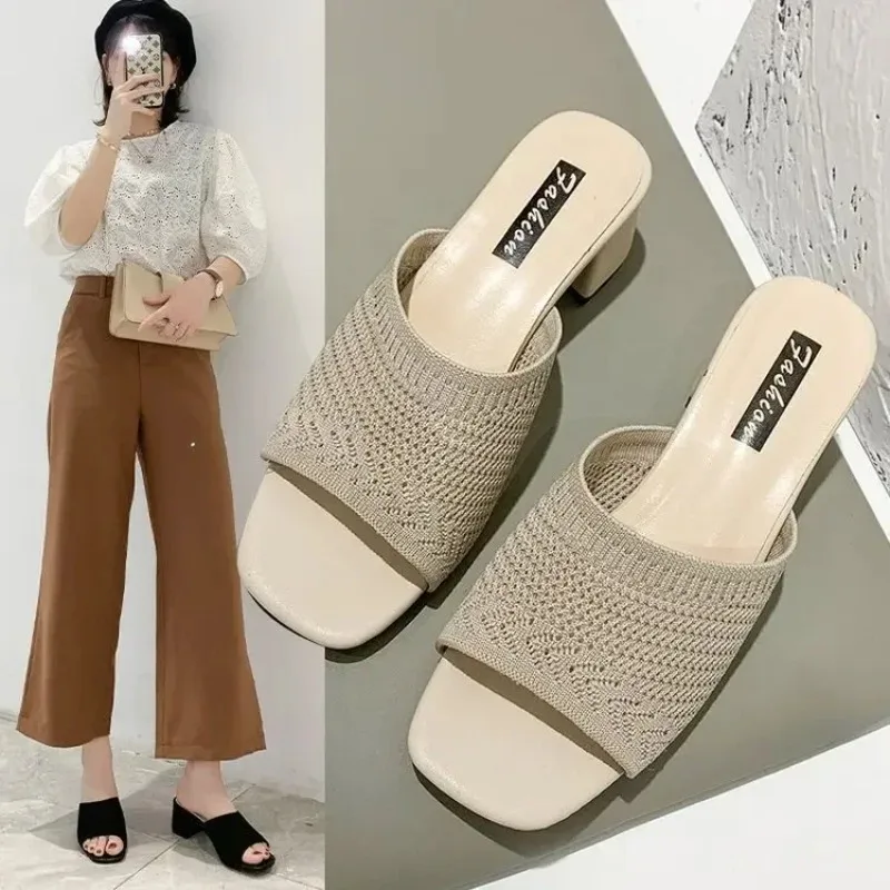 Women Slippers  Closed Toe Comfort Slippers Women Fashion Fly Weave Outdoor Sandals Women Medium Heel Slippers 2024