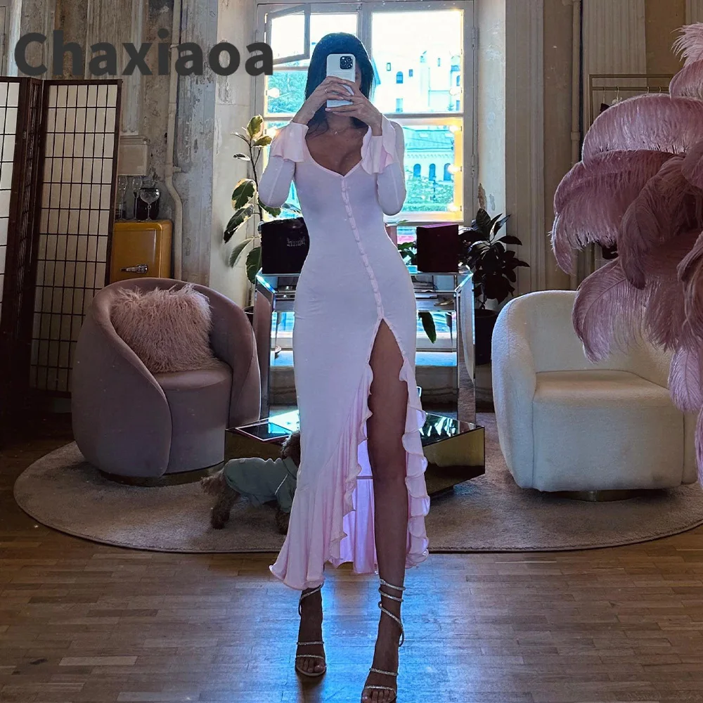 Chaxiaoa alargamento manga longa plissado sexy maxi vestido feminino outono rosa decote em v único breasted cintura alta clube vestidos longos femininos