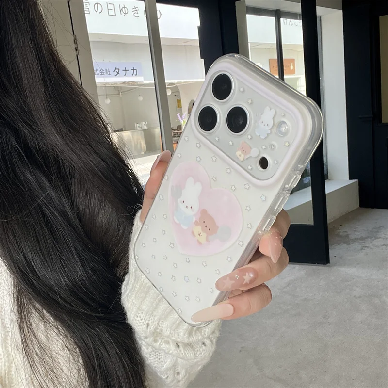 

Kawaii Cartoon Love Heart Miffy Rabbit Bear Phone Case For iPhone 17 Pro 15 14 16 Pro Max Back Cover Shockproof Cases For Girls