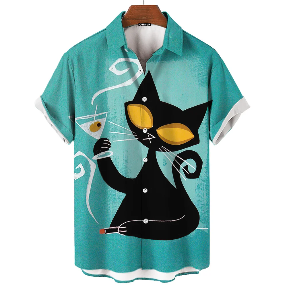 Men's Shirt Cartoon Cat Print Summer Short Sleeve Animal Shirts Stylish Lapel Cardigan Top Male Oversized Clothing Streetwear