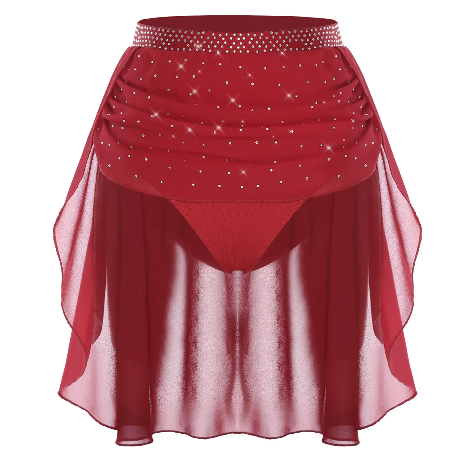 Chiffon-Tanzrock für Damen, glitzernder Strassstein, unregelmäßiger Saum, integrierter Slip-Rock für moderne lyrische Tanzwettbewerbe, Tanzbekleidung