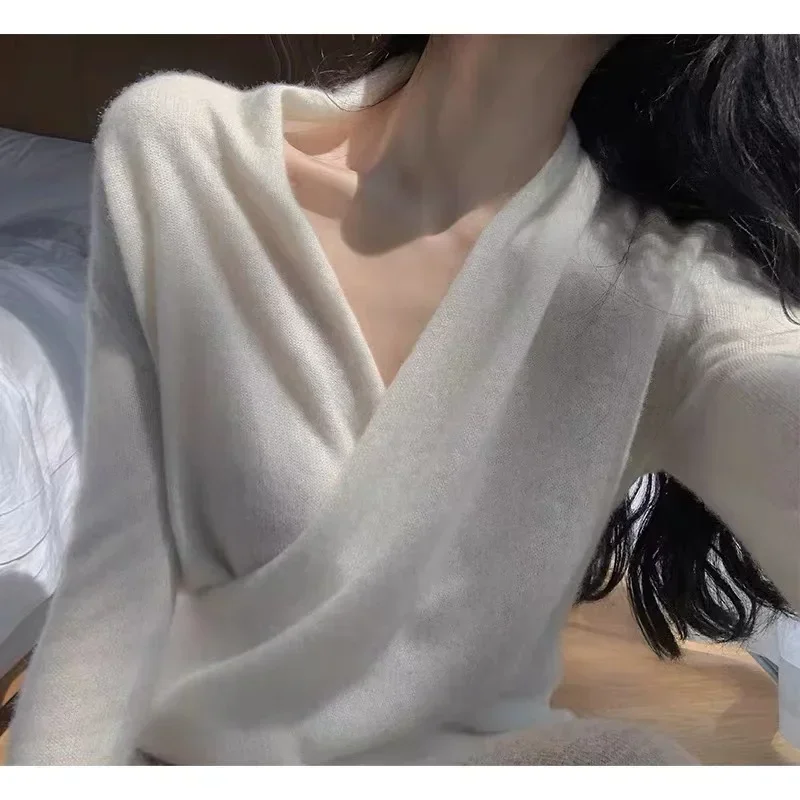 New Pullover Shirt 100% Cashmere Sweater In Autumn Winter Loose Women\'s V-Neck Knitted Long Sleeve Top Warm Fashion Woman 2024