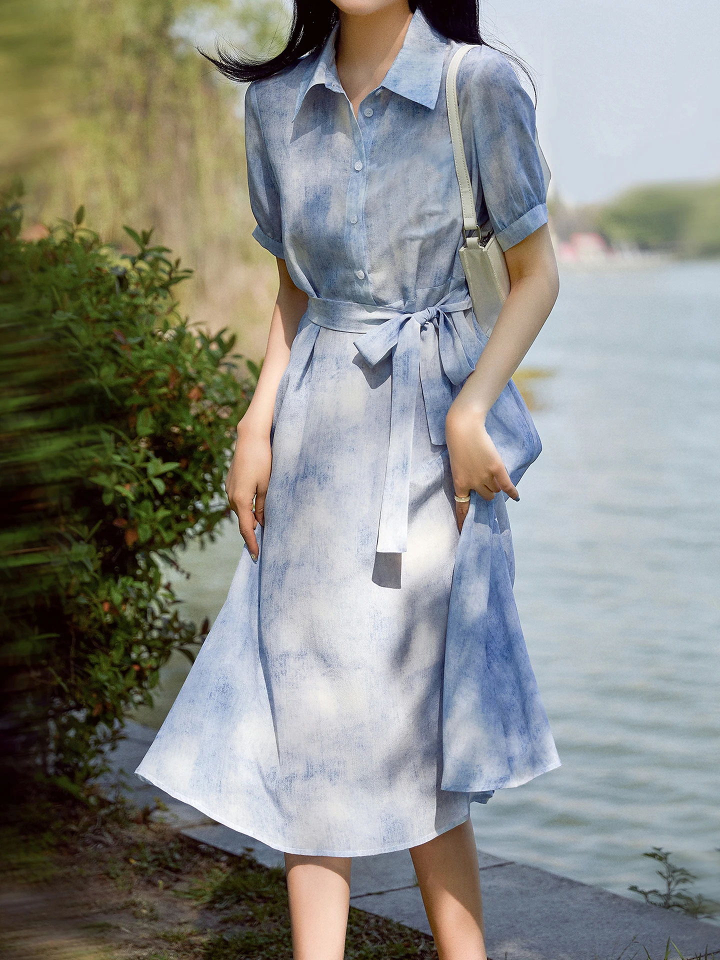 Blue Heavyweight Silk Tie Dye Women's Dress Summer New Style Slimming High End  Silk Shirt Long Skirt French Style Hi...