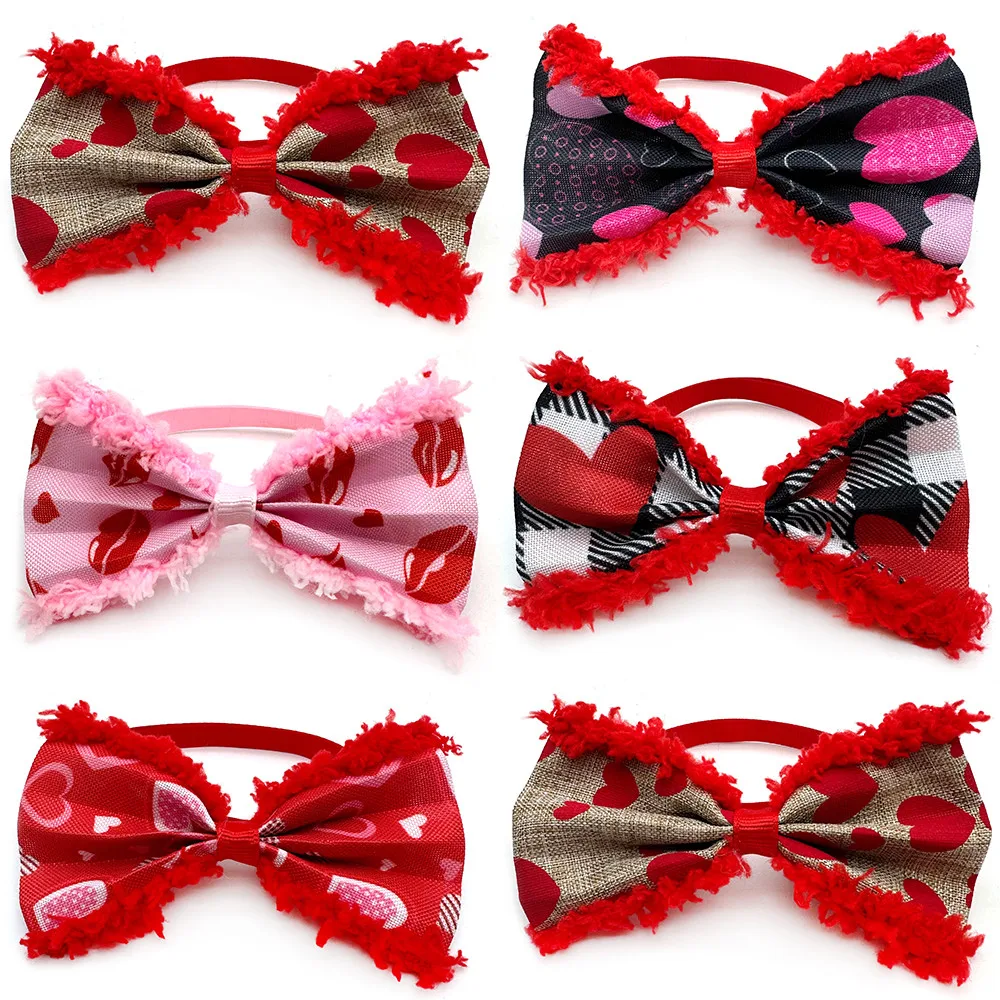 50pcs Cute Plush Valentine\'s Day Style Pet Dog Bowtie Adjustable Dog Collar Pet Bow Neckties for Small Dog Pet Supplies Red Bows