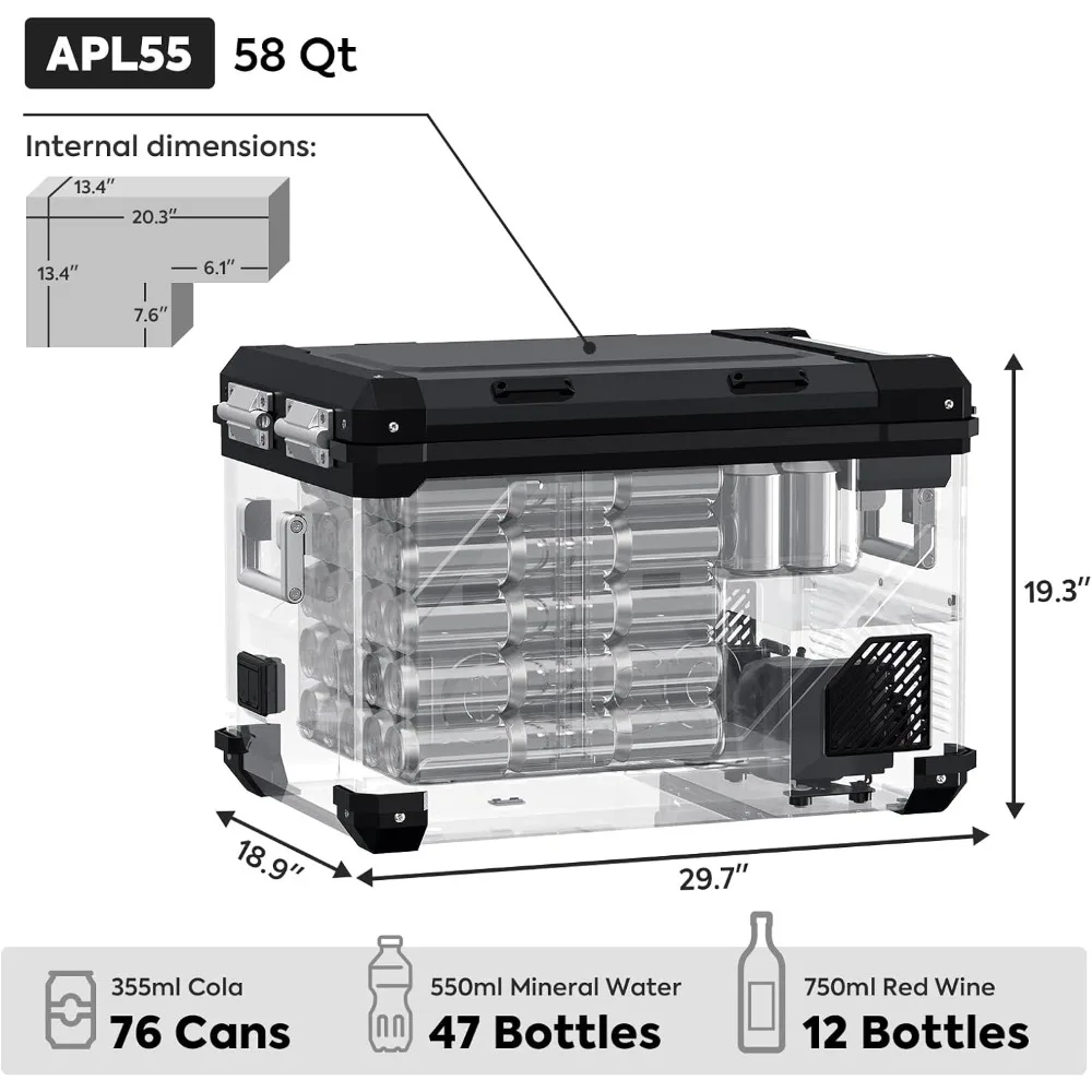 Dual Zone Portable Refrigerator Freezer Bluetooth Controlled, 55 Liter 12v refrigerator with SECOP Compressor