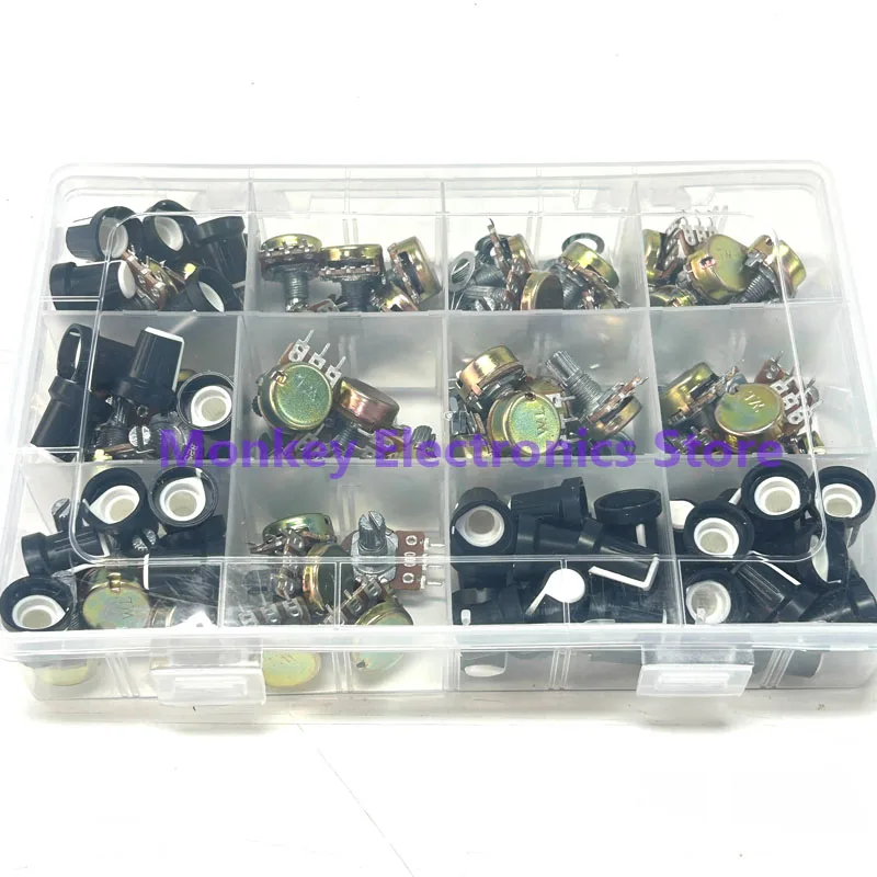 200pcs Wh148 Single 3pin Potentiometer Kit 1K 2K 5k 10k 20K 100k 50K 1M 250k 500k with Knob Single Set Shaft Nut 15MM