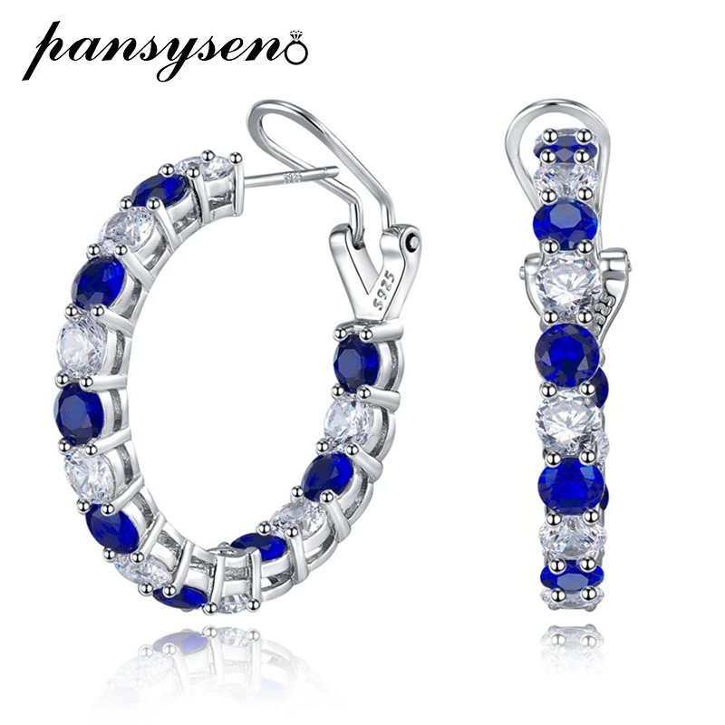 PANSYSEN Vintage 925 Sterling Silver Emerald Sapphire High Carbon Diamond Hoop Earrings for Women Wedding Party Jewelry Gifts