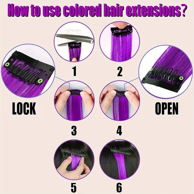 Extensiones de clip de 20 pulgadas sintéticas coloridas, set de 5 piezas, cabello lacio largo de alta temperatura, postizos para mujer, uso diario y fiestas 5