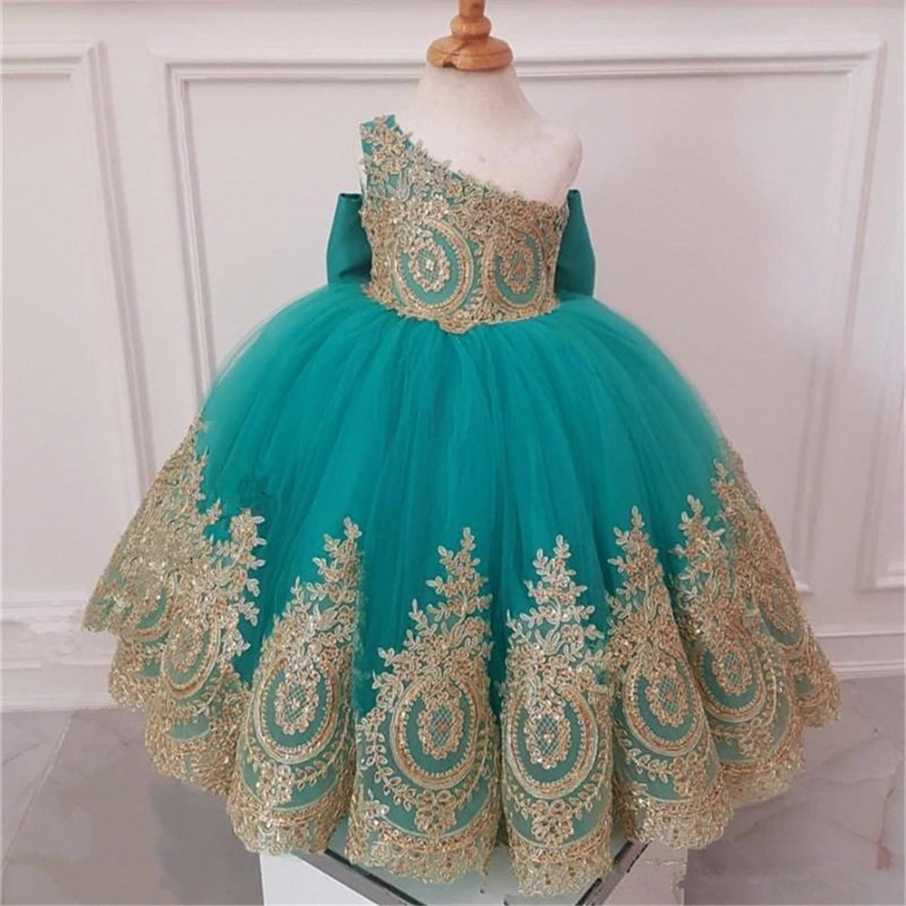 Flower Girl Dress One Shoulder With Gold Lace African Pageant Dresses Knot Bow Tulle Kids Birthday Party First Communion Gowns