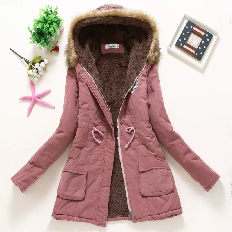 

Hooded Thickened Sweater Collar Coat Slim Overcoat Winter Women Spliced Pockets Design Jacket Medium-Long Solid Women Clothing