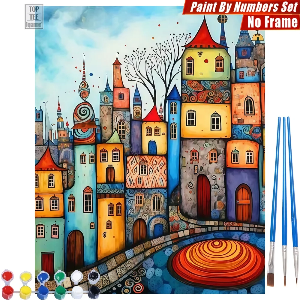 Set de Pintura Digital al Óleo de Edificios Coloridos y Fantasiosos - Patrones de Edificios, Decoración para el Hogar de Ensueño, Regalo del Día de la Madre para Esposa