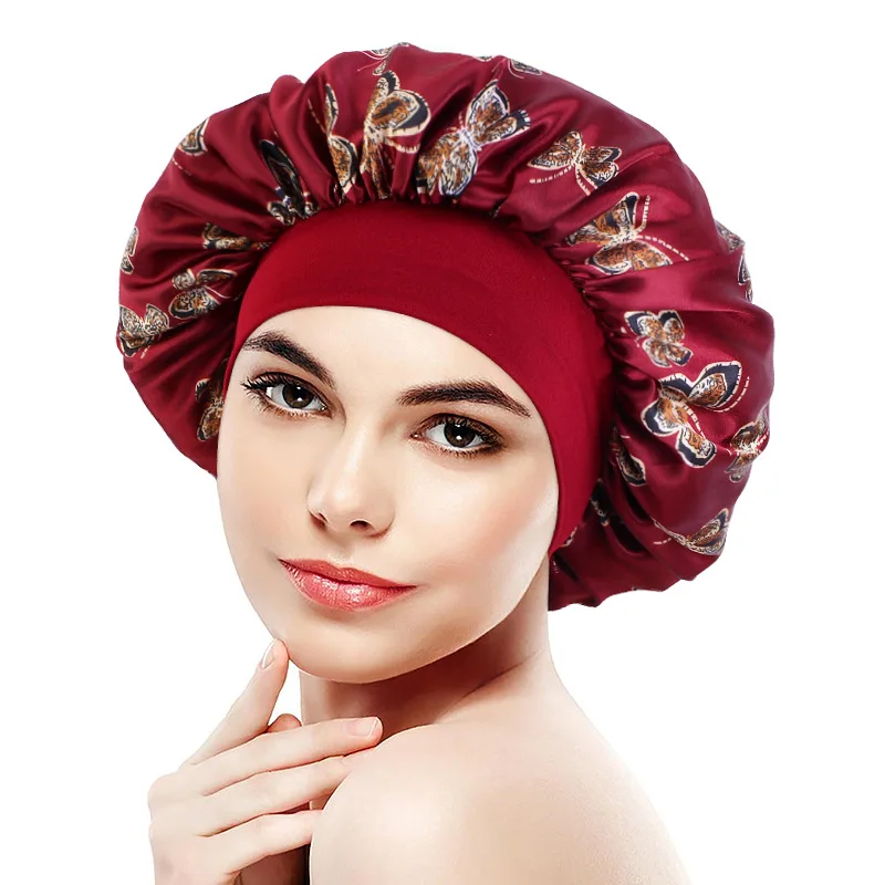 New Butterfly Pattern Satin Bonnet Women's Night Sleep Hat Soft Head Cover For Curly Springy Bathroom Cap Hair Care Chemo Cap