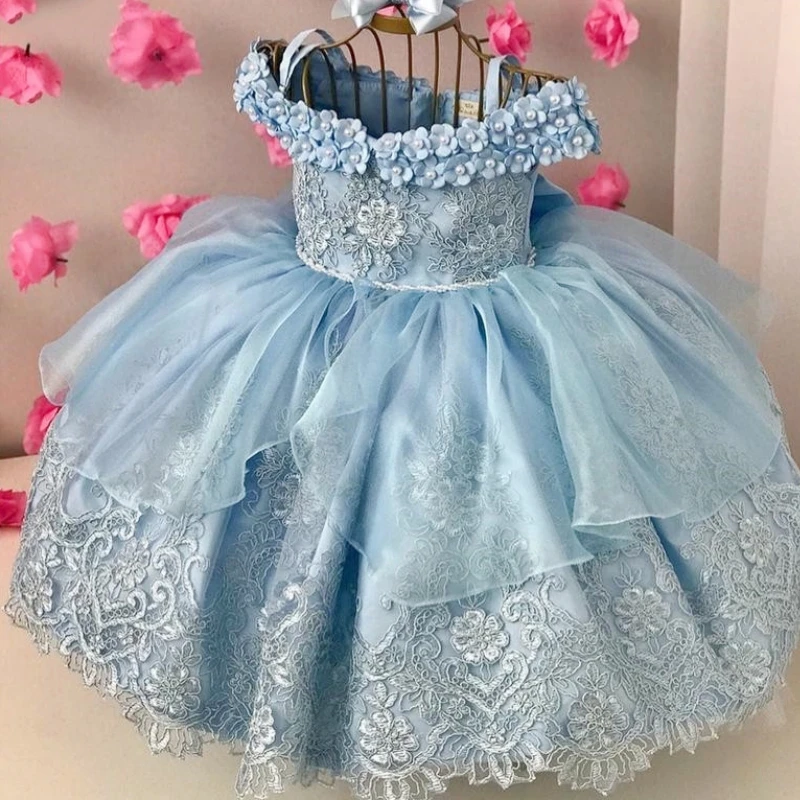 Vestidos de flores azul céu para meninas, renda tule, floral frisado, grande arco de cetim, apto para festa de casamento, aniversário princesa, vestidos de baile