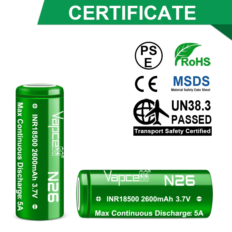 High Capacity Original Vapcell N26 INR 18500 Battery 2600mah 5A 3.7V VS N24 Cell Rechargeable Li-ion Battery For Camera Toys