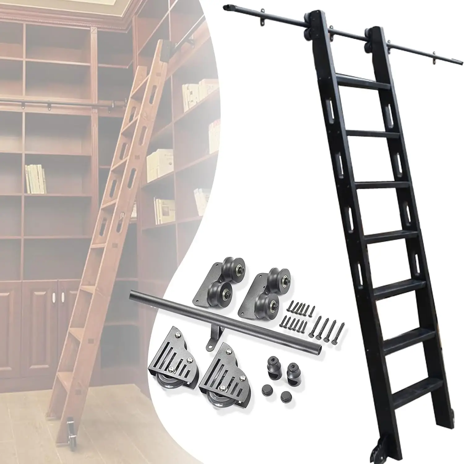 3.3Ft-20Ft Black Sliding Barn Door Hardware Kit, With Extention Track/Rail Rolling Ladder, Round Tube Mobile Ladder Track For