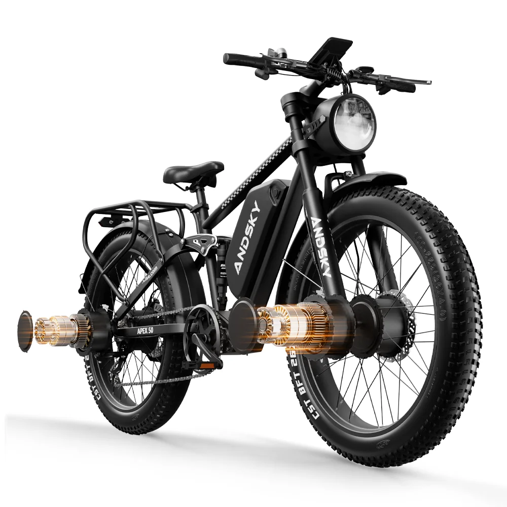 ANDSKY Apex 50 AWD Elektrofahrrad mit Doppelmotor, 161 km Reichweite, 48V/52V, 25Ah, herausnehmbarer Akku, vollgefedertes Elektrofahrrad für Erwachsene, 26*4 Zoll All-Terrain-Fat-Tire, City-Commuter,