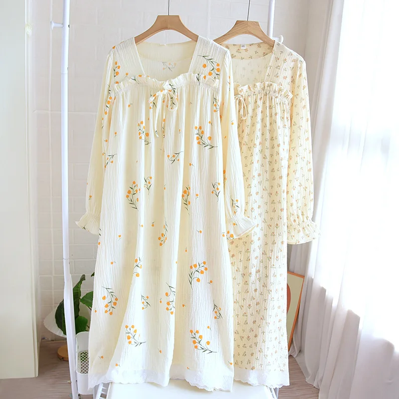 Spring and summer 2024 new women\'s nightdress 100% cotton long-sleeved skirt square neck lovely flower large household skirt