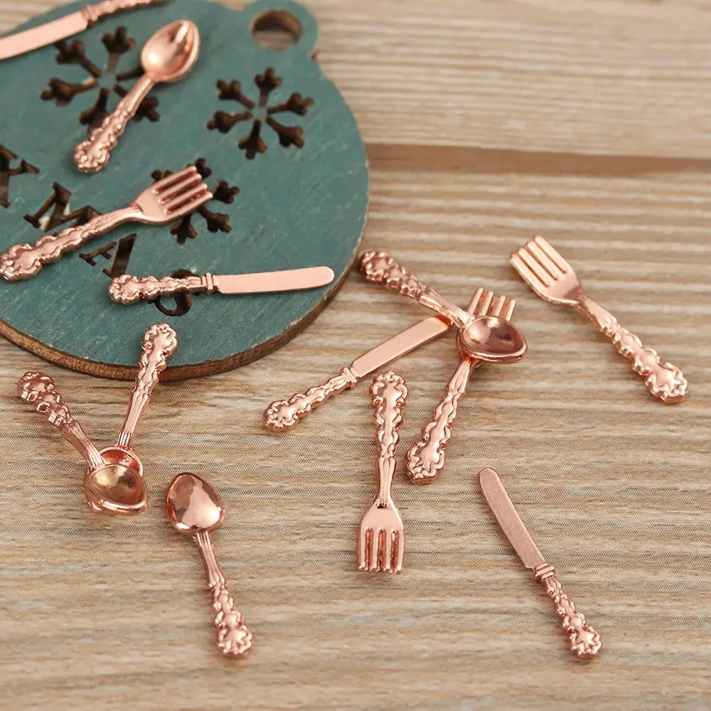 12PCS Metal Kitchen Dollhouse Furniture Fork Knife Spoon Miniature Cookware Doll Accessory Simulation Mini Cutlery