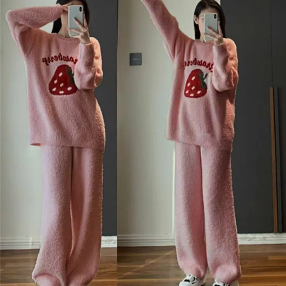 Inverno amor meia lã pijamas feminino solto e velo quente, doce e bonito estilo casa roupas conjunto de duas peças